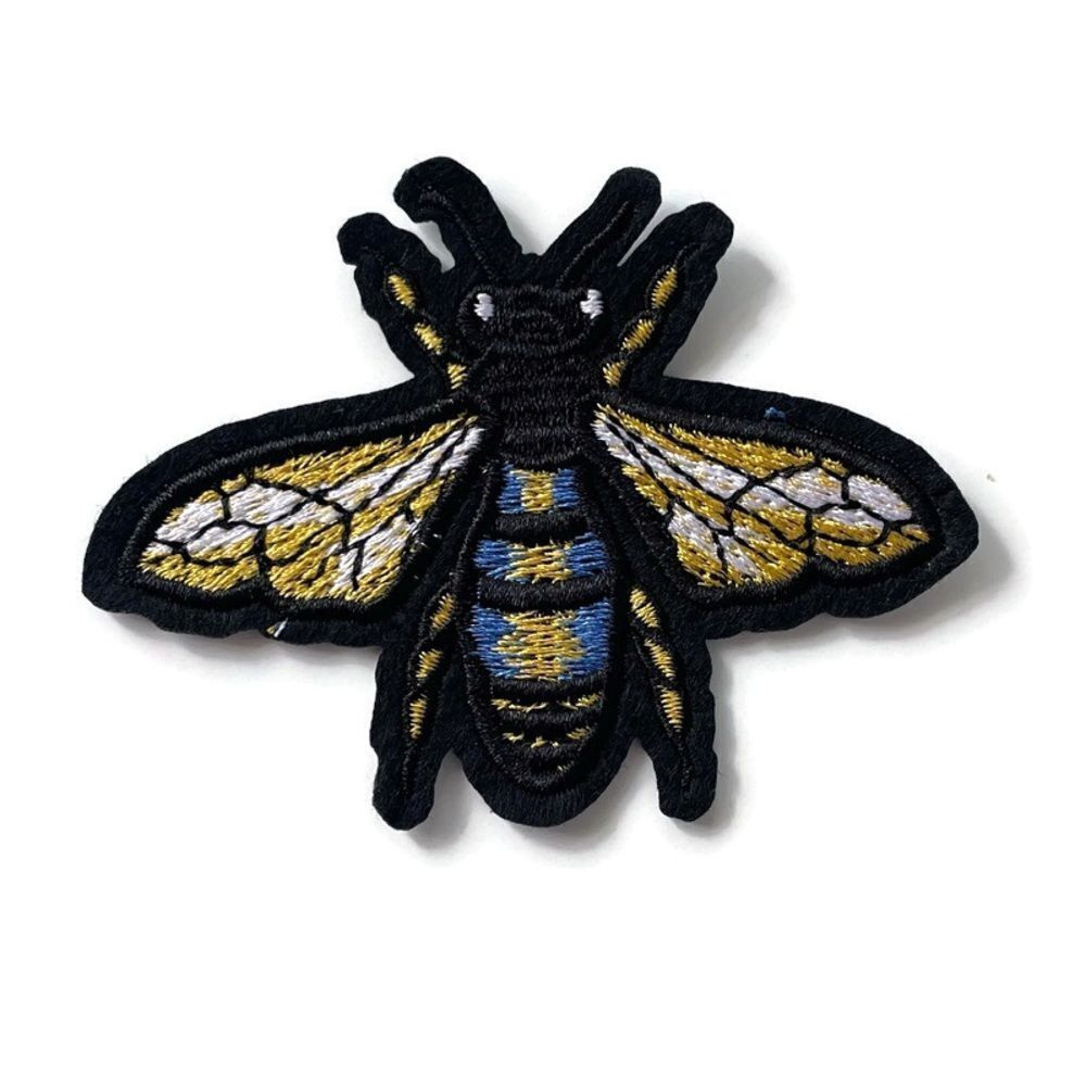 Gold Blue Bee Bug Fly Embroidered Patch